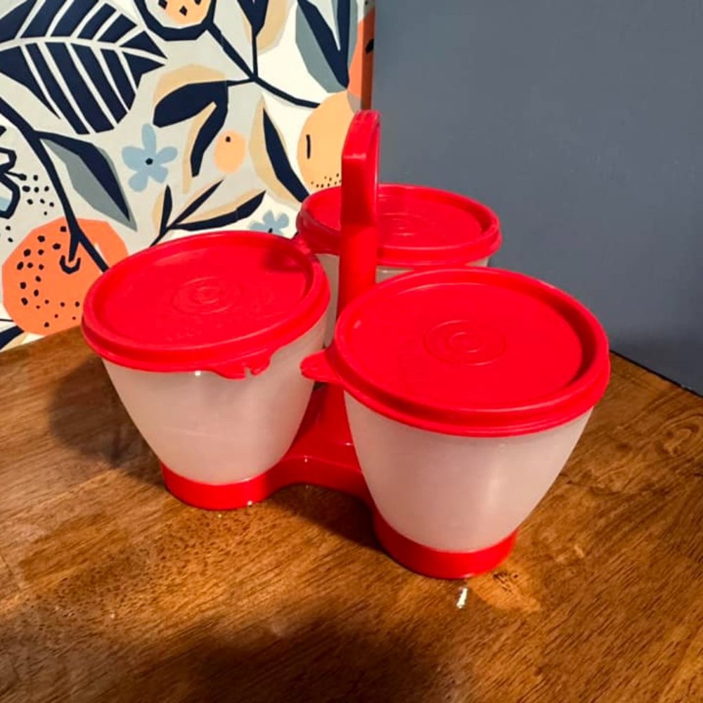 3 piece Vintage TUPPERWARE red condiment caddy set with lids and holder